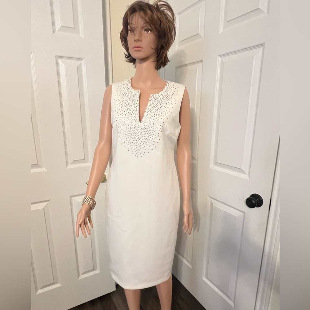 Sleeveless White Embellished Shift Dress